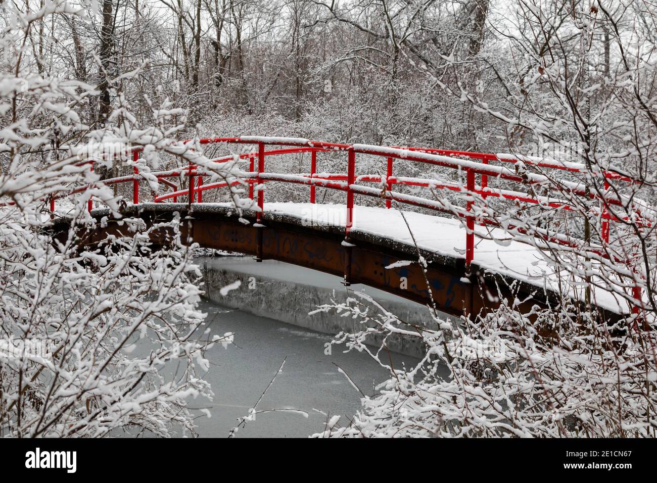 Detroit, Michigan - un ponte pedonale sul canale di Nashua sulla Belle Isle, e l'isola parco nel fiume Detroit, dopo una nevicata. Foto Stock