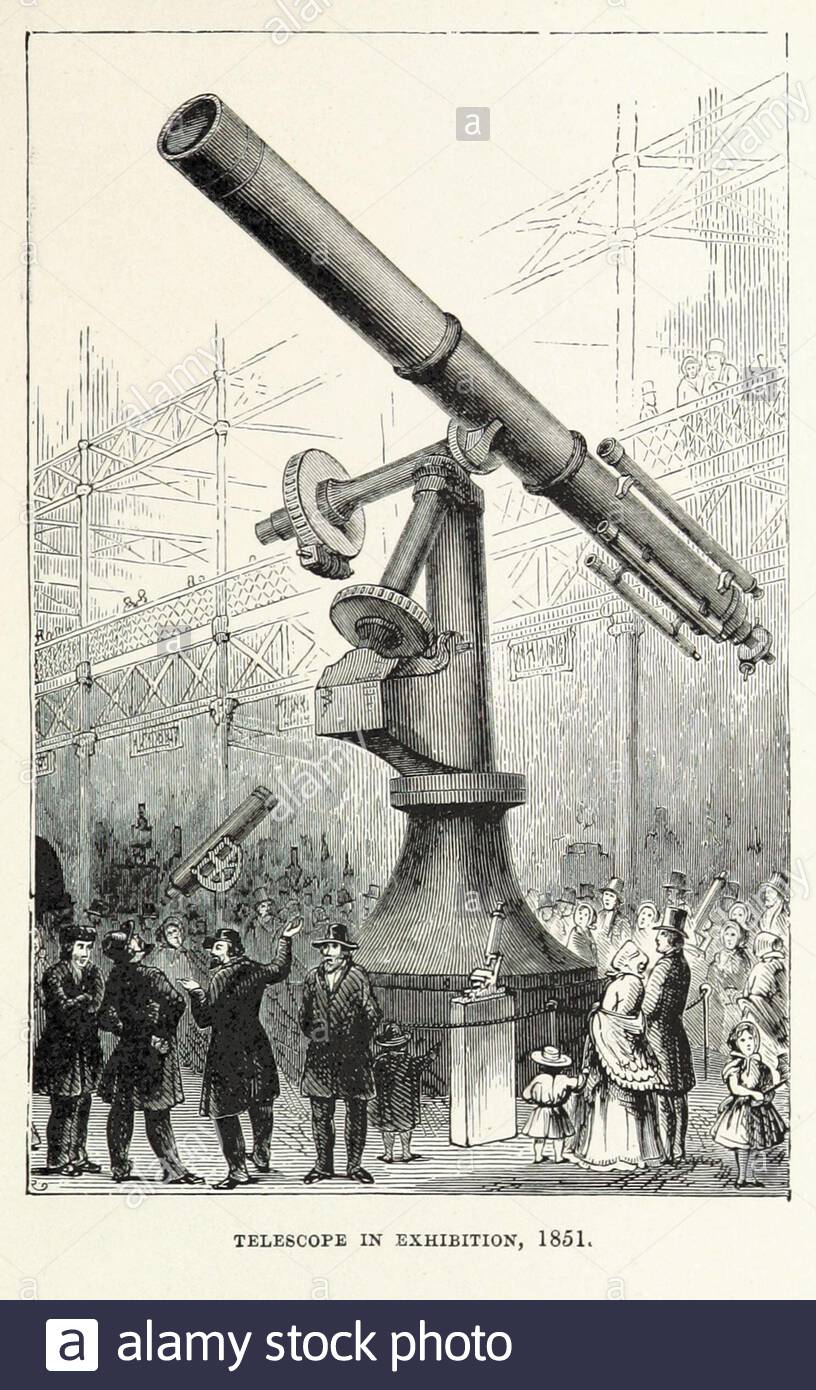 Mostra Telescope alla Great Exhibition al Crystal Palace di Hyde Park Londra 1851, illustrazione d'epoca del 1896 Foto Stock