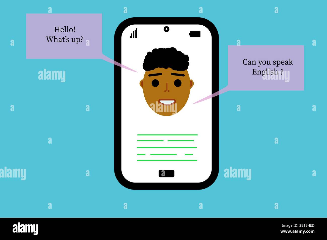 Concetto di apprendimento delle lingue: Telefono cellulare con il volto umano e domande sull'inglese Foto Stock