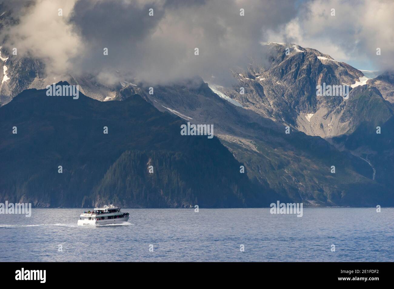 Barca turistica sul mare a Aialik Bay, Kenai Fjords National Park, Kenai Peninsula Borough, Alaska centro-meridionale, Alaska, USA Foto Stock