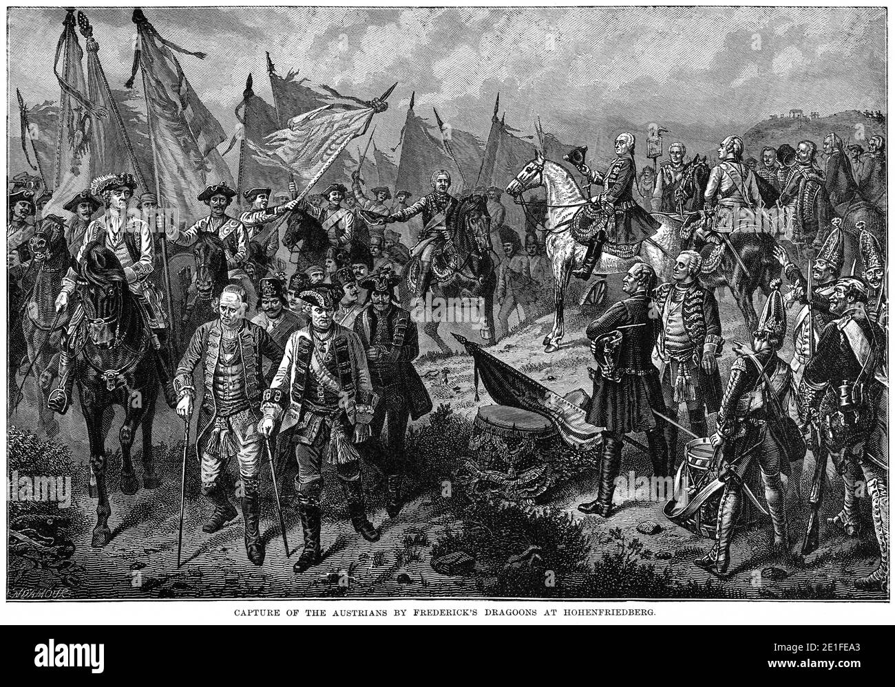 Cattura degli austriaci da parte dei draghi di Frederick a Hohenfriedberg, Illustrazione, Storia del mondo di Ridpath, Volume III, di John Clark Ridpath, LL. D., Merrill & Baker Publishers, New York, 1897 Foto Stock