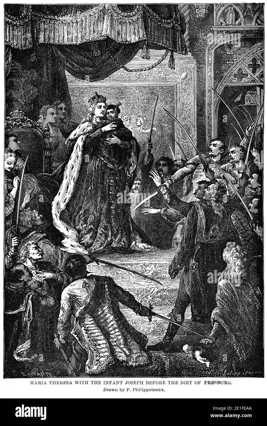 Maria Teresa con il Bambino Giuseppe prima della Dieta di Presburg, Illustrazione, Storia del mondo di Ridpath, Volume III, di John Clark Ridpath, LL. D., Merrill & Baker Publishers, New York, 1897 Foto Stock