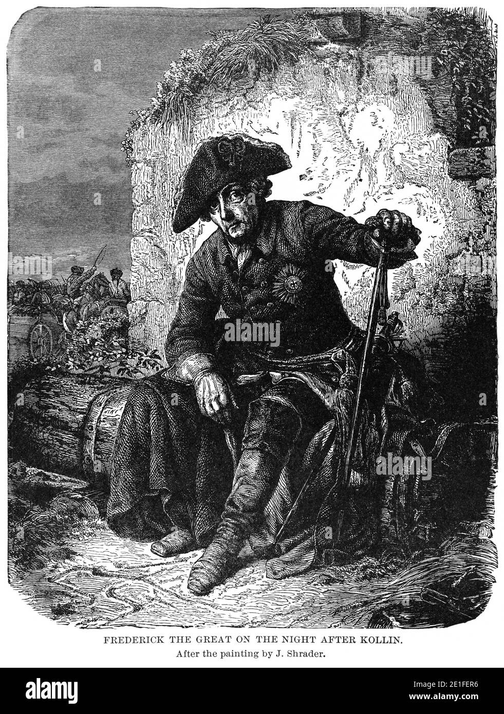 Frederick il Grande nella notte dopo Kollin (Kolin), dopo il dipinto di J. Shrader, Illustrazione, Storia del mondo di Ridpath, Volume III, di John Clark Ridpath, LL. D., Merrill & Baker Publishers, New York, 1897 Foto Stock