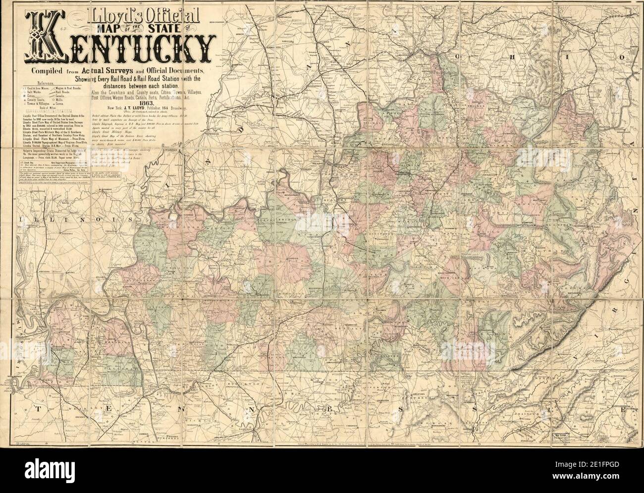 Lloyd's mappa ufficiale dello stato del Kentucky compilato da indagini reali e documenti ufficiali, mostrando ogni ferrovia strada e stazione stradale con le distanze tra ogni stazione. Anche il Foto Stock