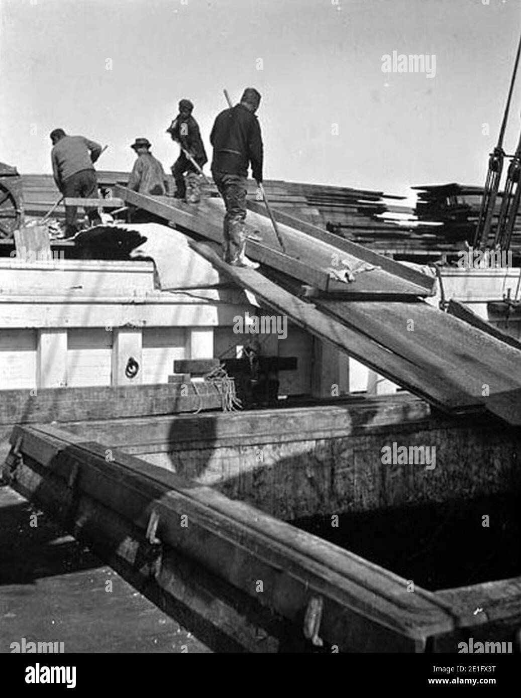 Caricamento del merluzzo salato sulla goletta DELLA Union Fish Co SEQUOIA, Pavlof Harbour, Alaska, maggio 1912 (COBB 167). Foto Stock