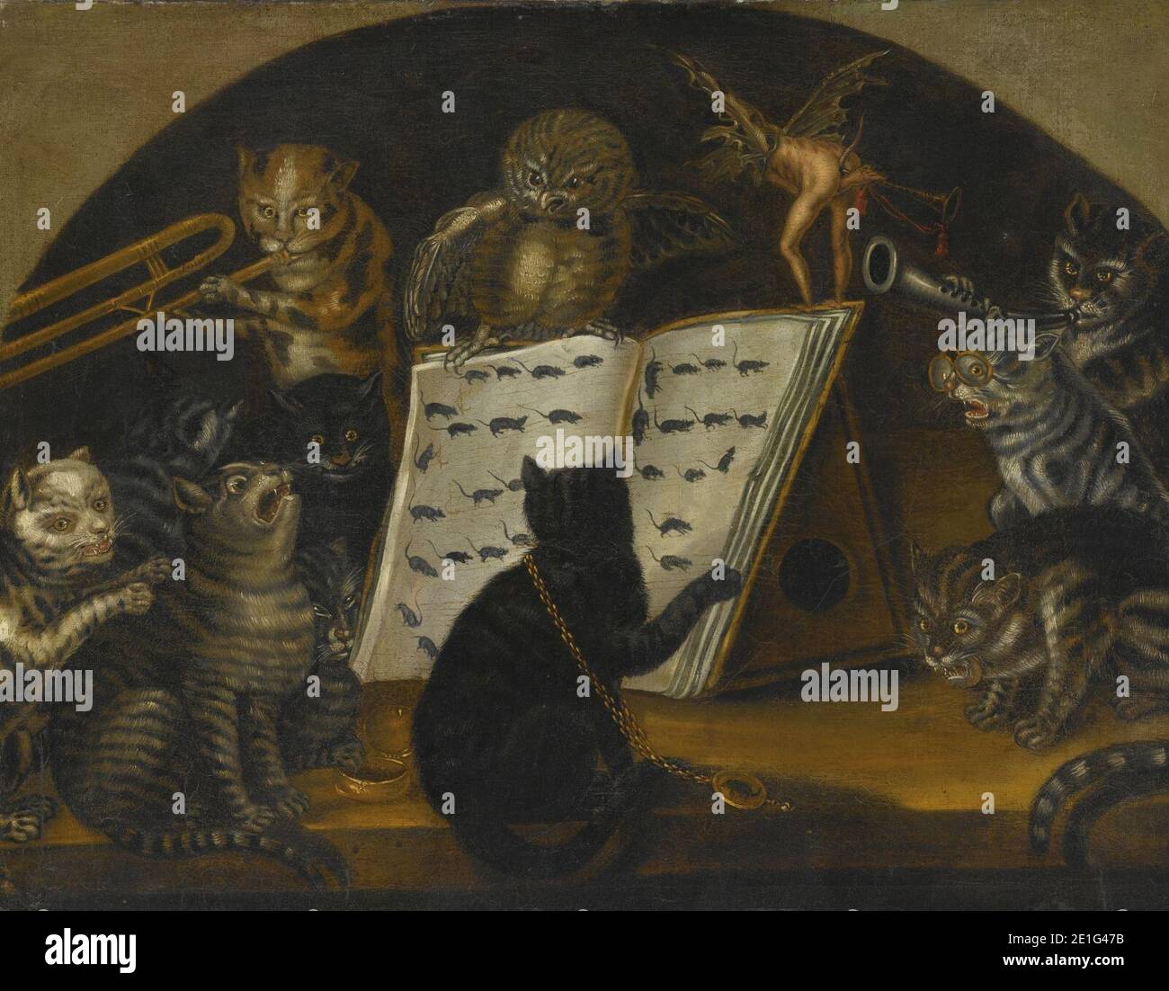 Scuola Lombarda c1700 gatti istruiti nell'arte della cattura del topo da un gufo. Foto Stock