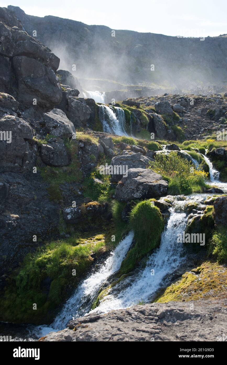 Cascata Dynjandi (Fjallfoss), West Fjords, Islanda Foto Stock