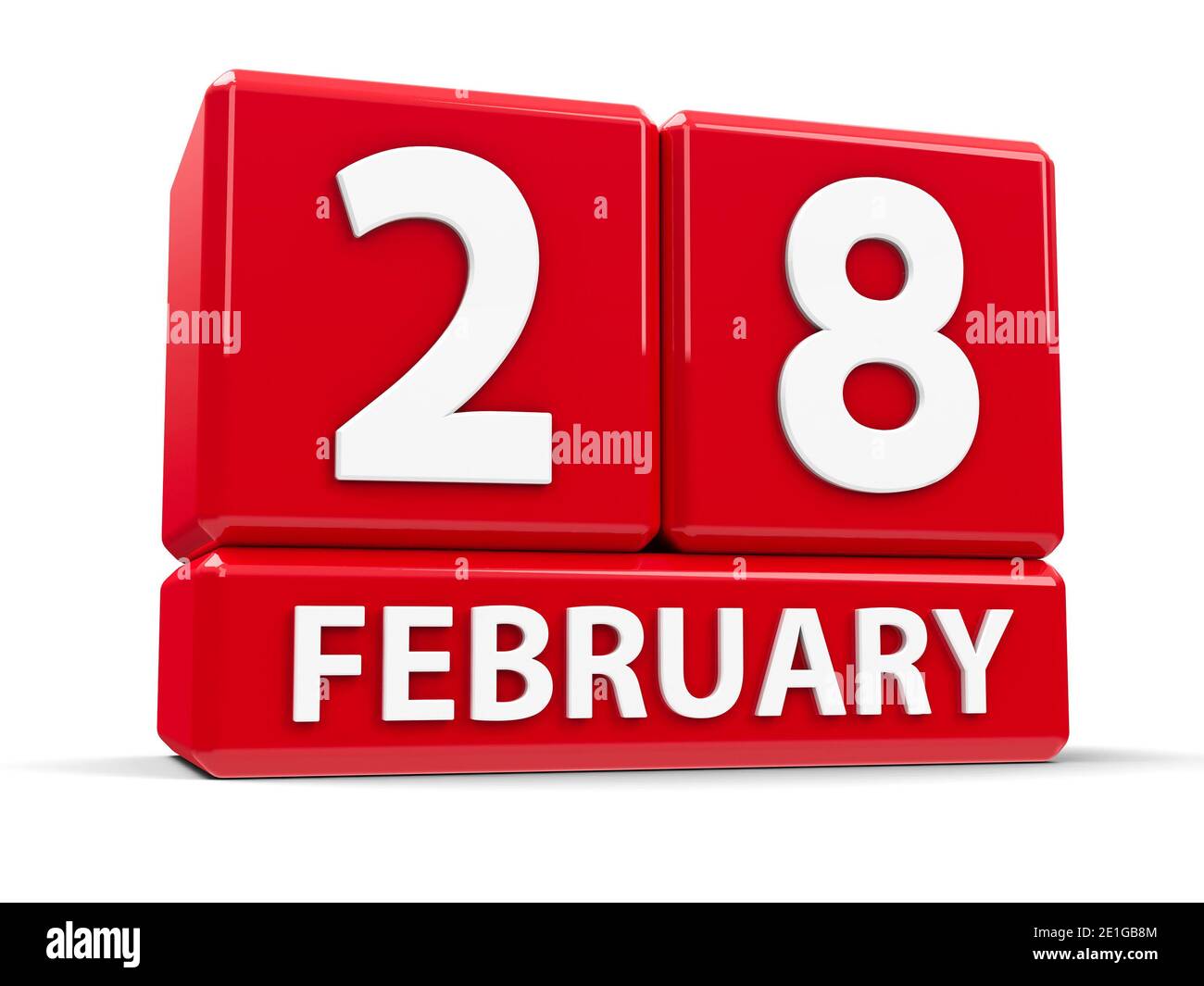 Cubi rossi - il ventottesimo di febbraio - su un tavolo bianco, rendering tridimensionale, illustrazione 3D Foto Stock