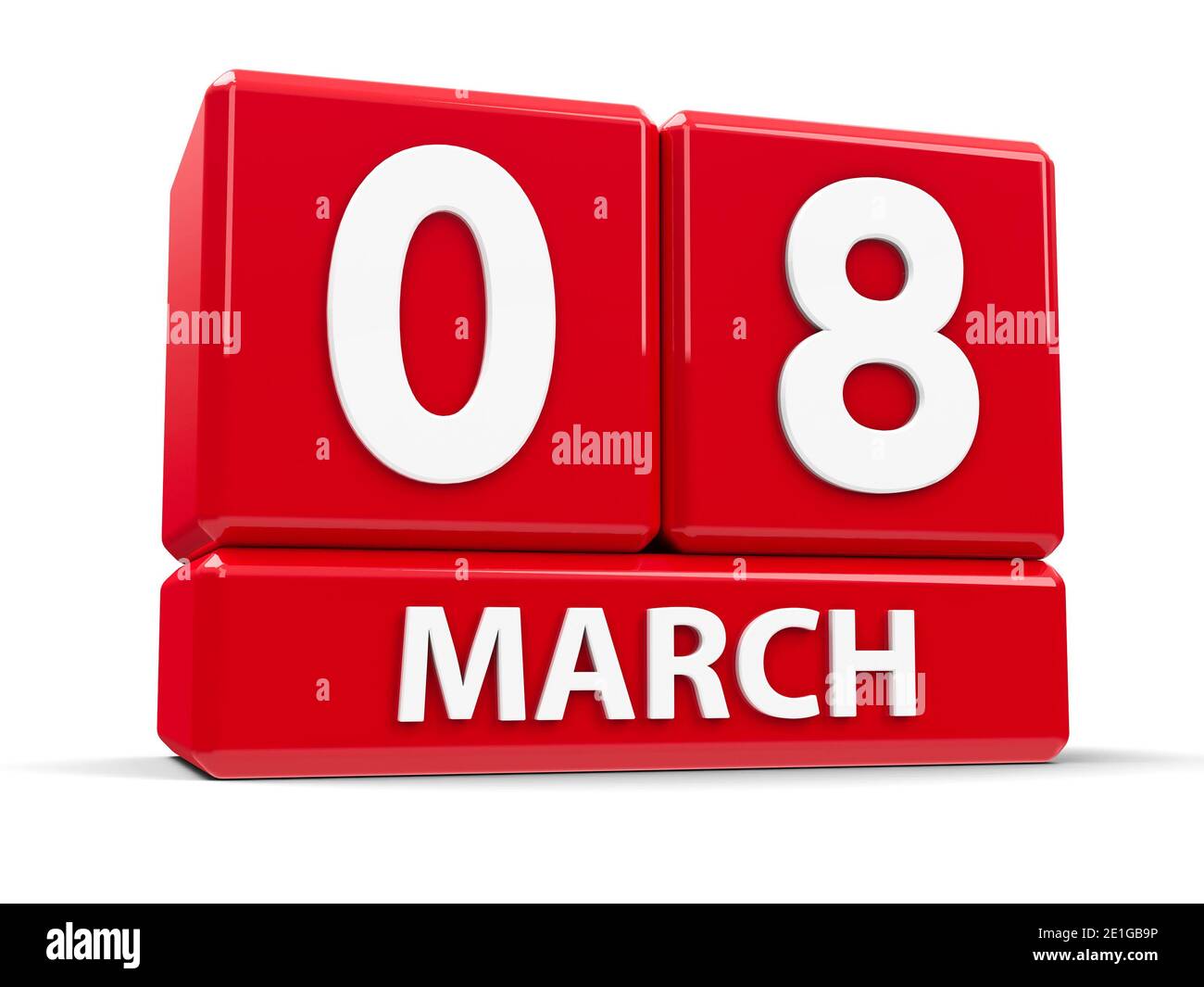 Cubi rossi - l'ottavo marzo - su un tavolo bianco - Giornata Internazionale della Donna, rendering tridimensionale, illustrazione 3D Foto Stock