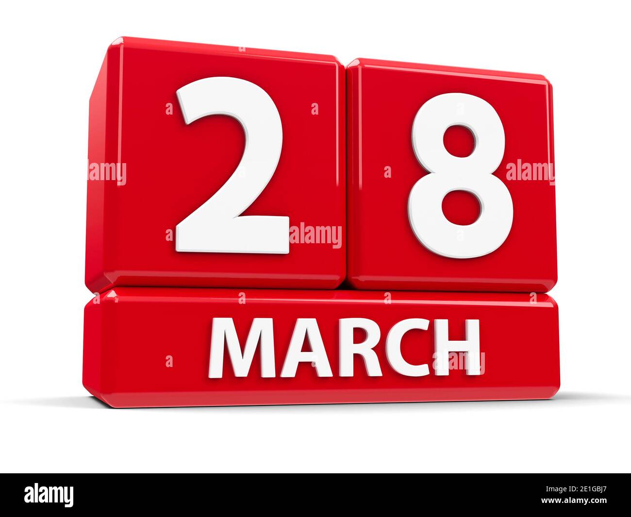 Cubi rossi - il ventottesimo marzo - su un tavolo bianco, rendering tridimensionale, illustrazione 3D Foto Stock