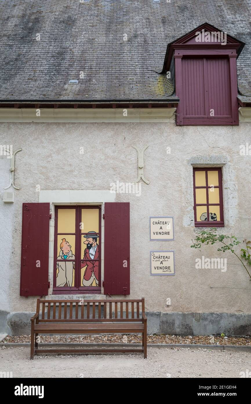 Cheverny France 14 maggio 2013 : ingresso alla mostra di Tintin al castello Cheverny nella Valle della Loira, Francia Foto Stock