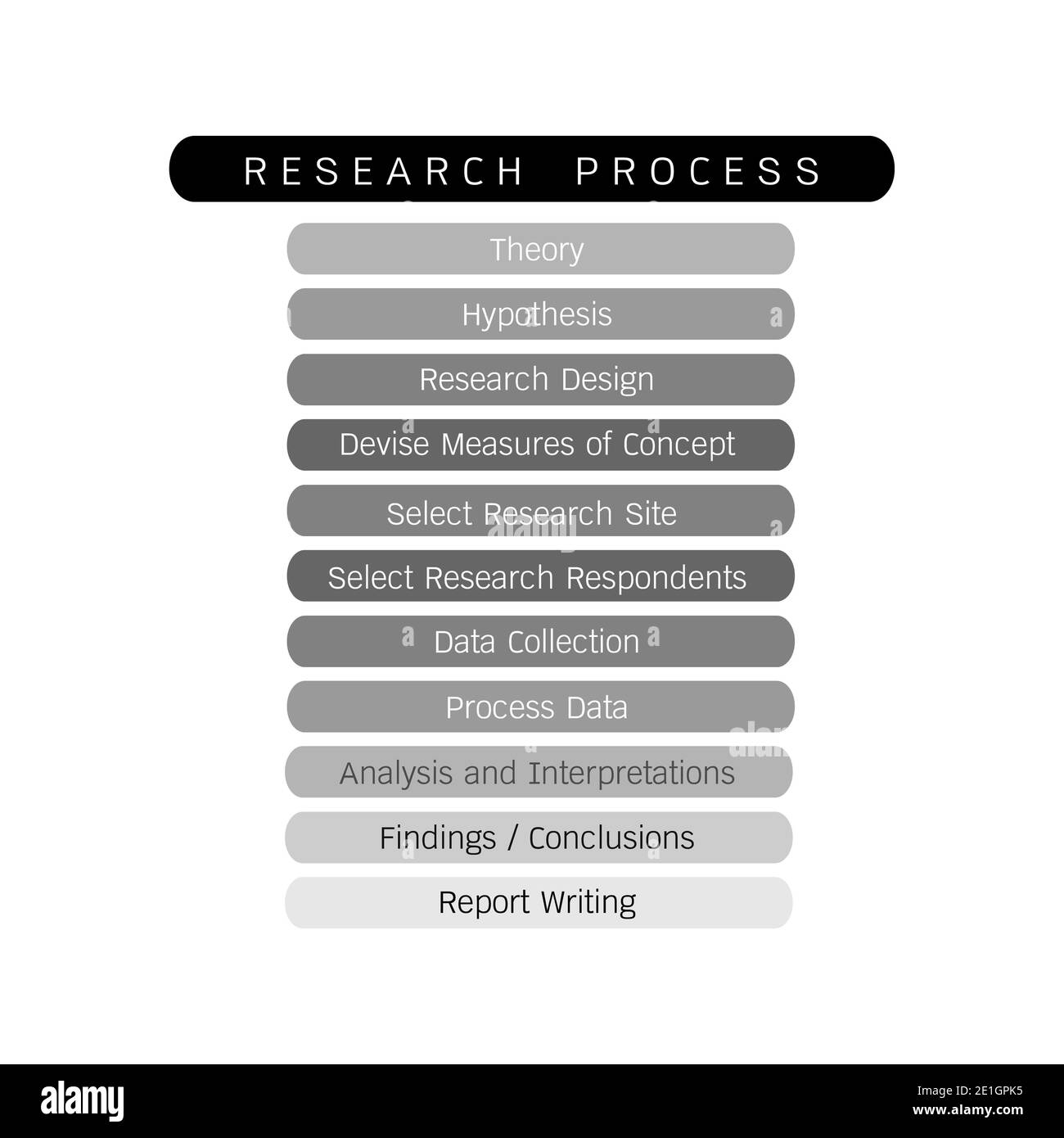 Business and Marketing o processo di ricerca sociale, 11 fase dei metodi di ricerca qualitativa e quantitativa isolati su sfondo bianco. Foto Stock