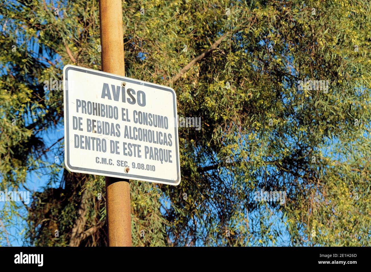 Accedi in spagnolo avvertimento contro il consumo di alcol in un parco pubblico che cita l'ordinanza della città della California 9.08.010 bevande alcoliche in luogo pubblico. Foto Stock