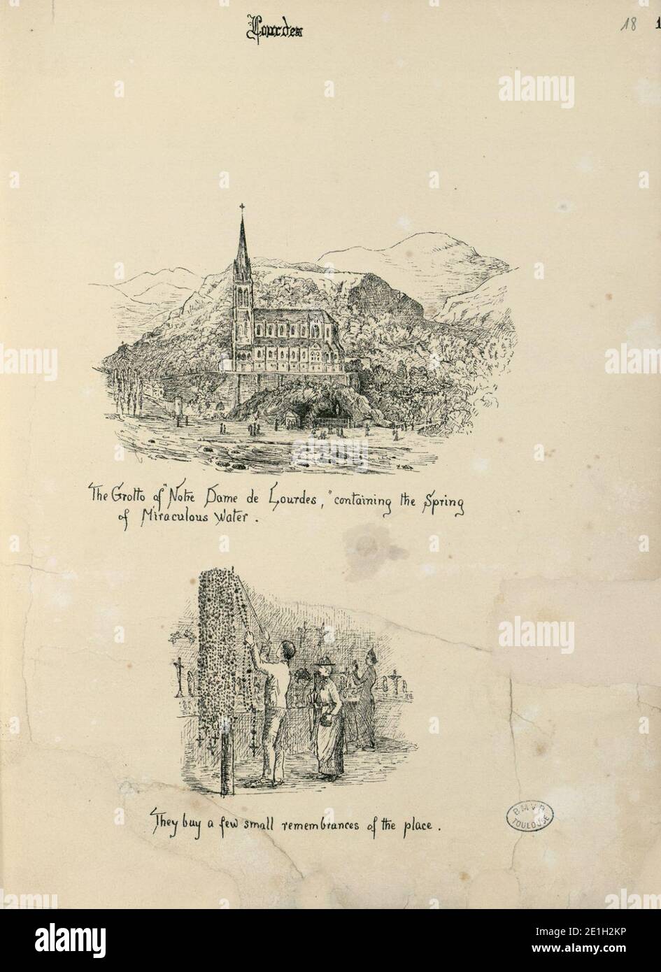 Lourdes (2 dessins dont ''la Grotta di Notre Dame de Lourdes contenente la sorgente dell'acqua miracolosa'') - Fonds Ancely - B315556101 UN MARRONE 020. Foto Stock