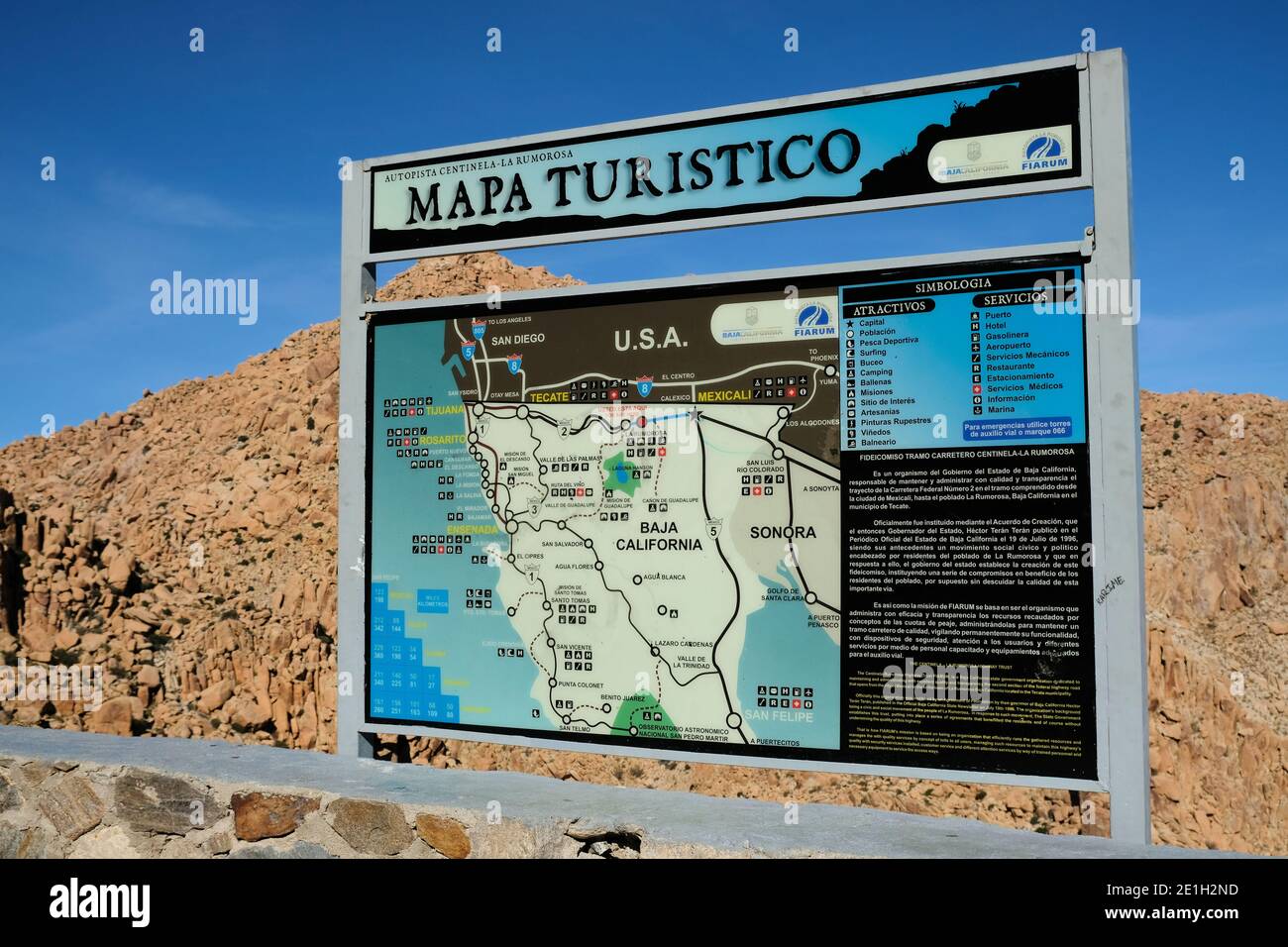 Mappa turistica in una zona di riposo tra Mexicali e Tecate vicino a la Rumorosa in Baja California; mappa con luoghi di interesse nella Baja California settentrionale. Foto Stock