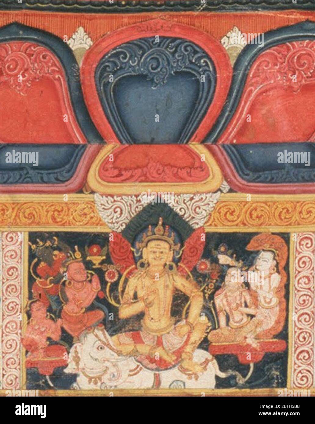 Dettaglio artistico del centro inferiore, dipinto del XV secolo dal Tibet, Tibetano Centrale - Mahakala, protettore della tenda Foto Stock