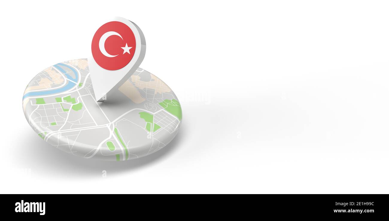 Un localizzatore di mappe dei paesi con rendering 3D che punta su una destinazione su una piccola mappa piatta e arrotondata. Il simbolo ha la bandiera turca. L'illustrazione è isolata Foto Stock