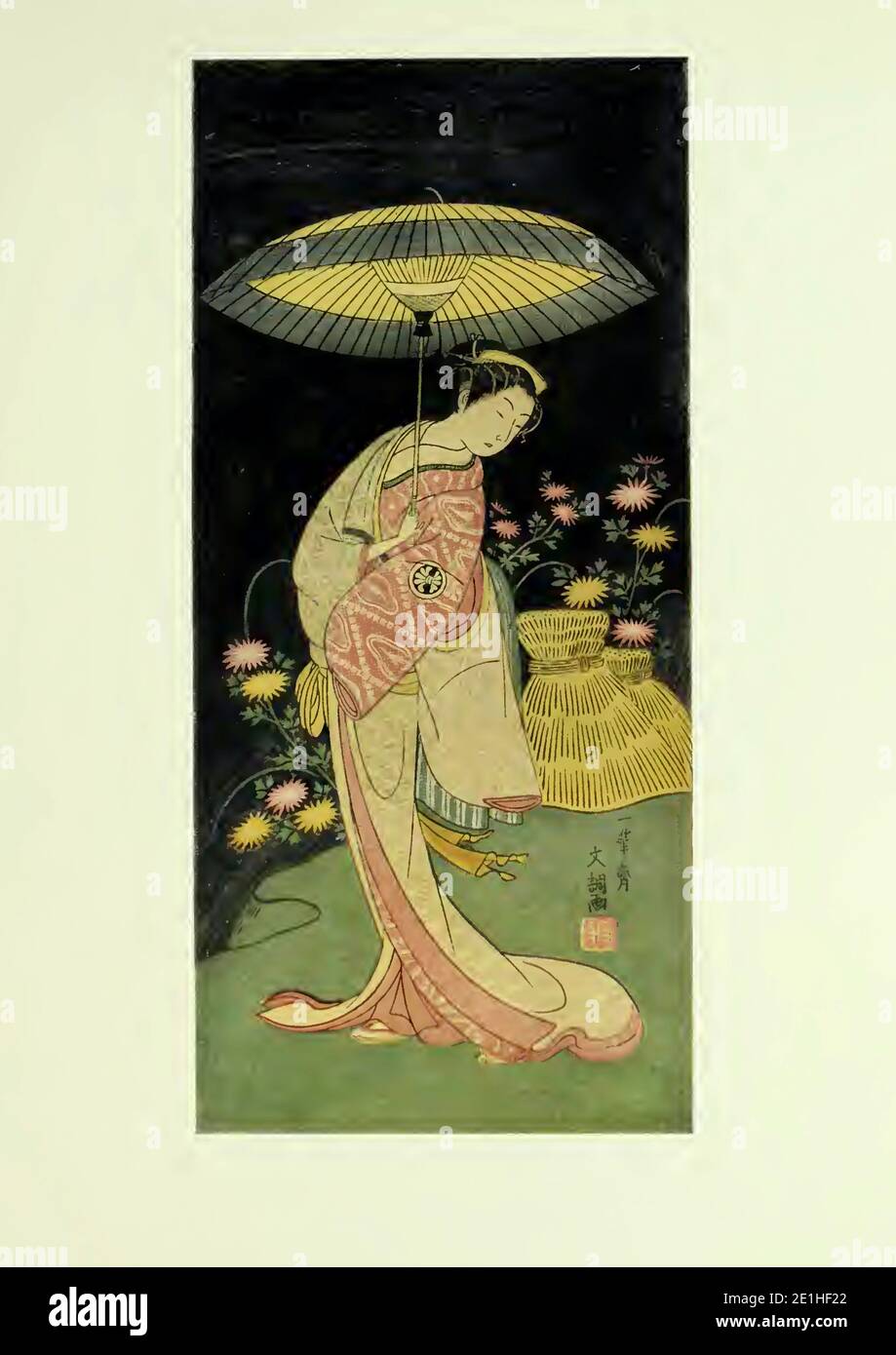 Una ragazza in piedi su una banca sotto un ombrello aperto su una notte oscura; UN grappolo di Astri in background - circa 1769 - Ippitsudai Buncho Foto Stock