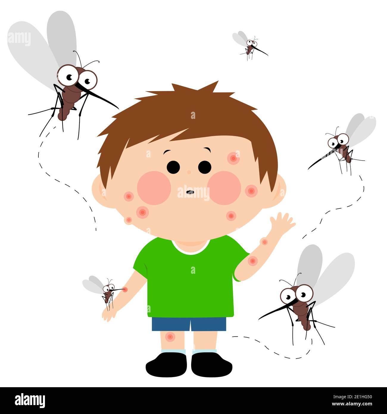 Illustrazione di zanzare cartoni animati che volano intorno a un ragazzo e lo mordono. La sua pelle è piena di morsi di zanzara. Foto Stock