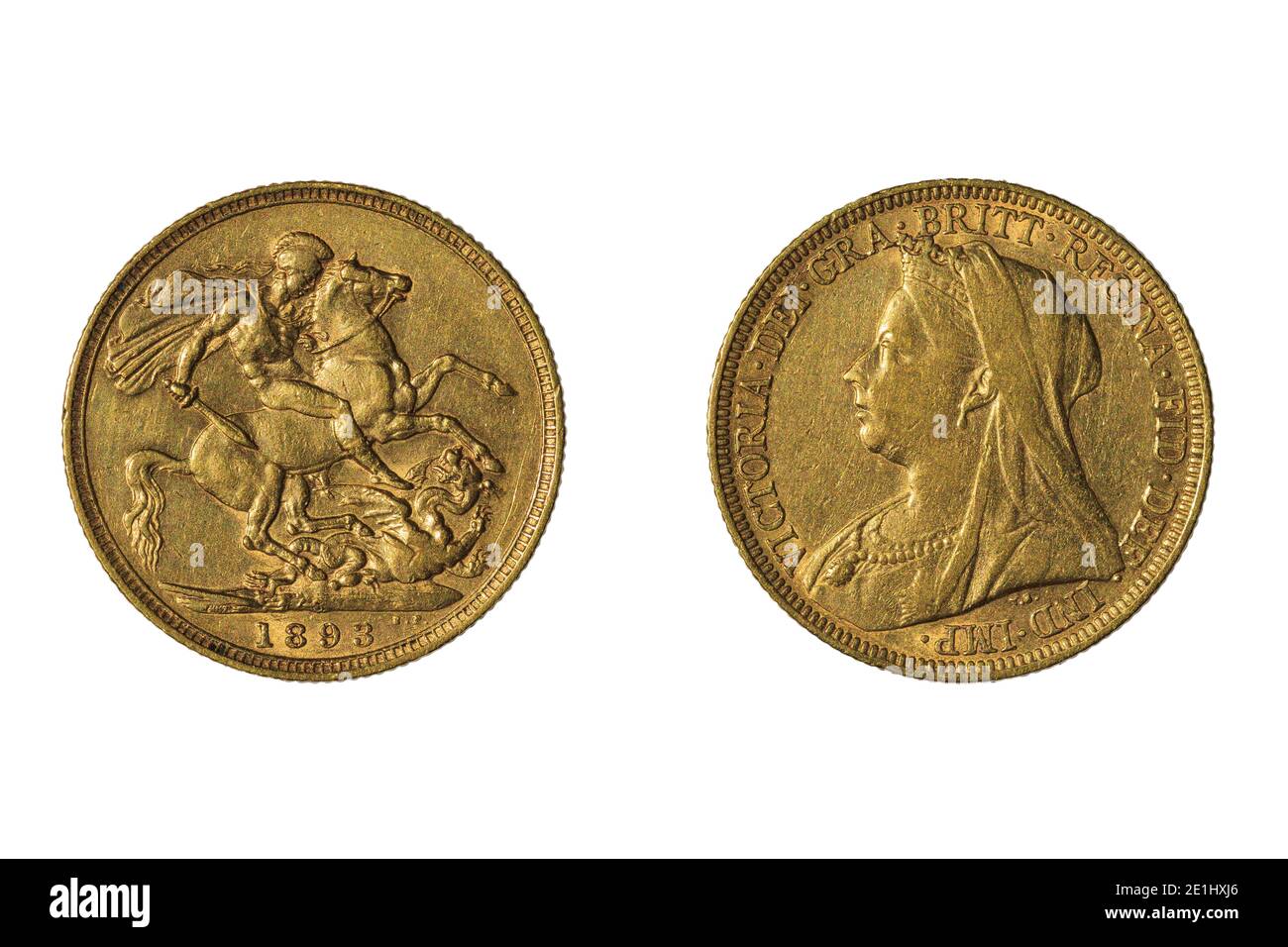 Una moneta semisovereana d'oro della Gran Bretagna del 1893, con la Regina Vittoria e San Giorgio che uccide il drago Foto Stock