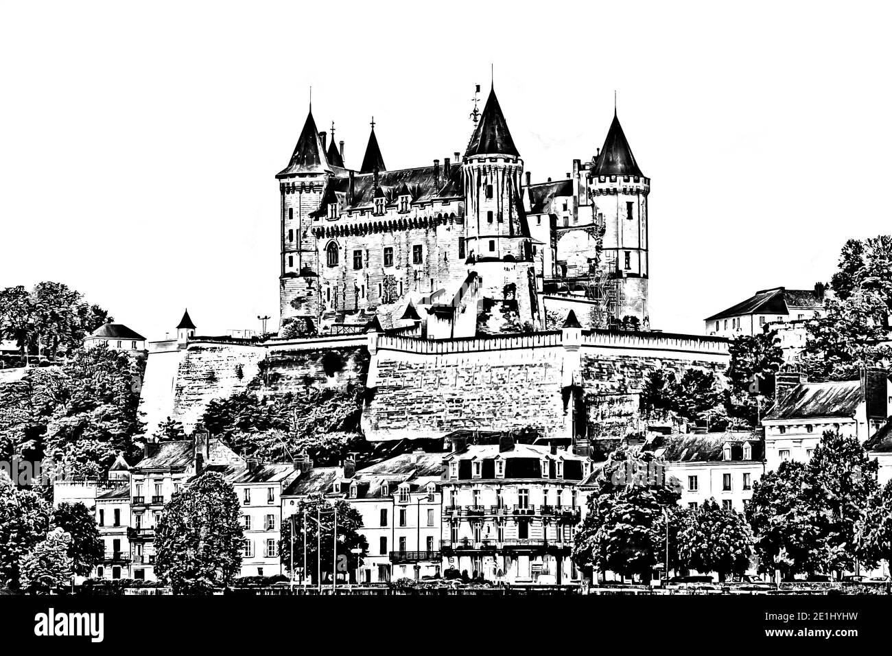 Grafico castello medievale di Saumur, Valle della Loira, Francia (Chateau Saumur) su sfondo bianco, Indre et Loire, Valle della Loira, Francia. Disegno a matita s Foto Stock