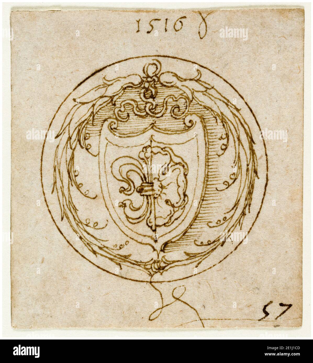 Albrecht Dürer, disegno per un Ornament o anello di Sigillo con le braccia di Lazarus Spengler, disegno, 1516 Foto Stock