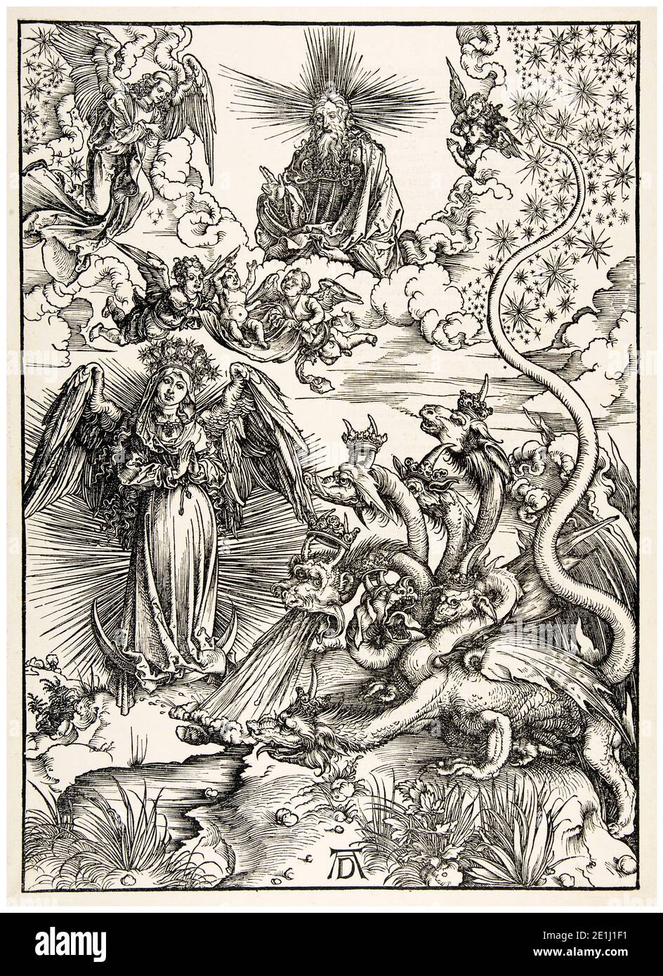 Albrecht Dürer, l'Apocalisse: La donna del sole e il drago a sette teste (la donna Apocalittica), stampa in legno, 1498 Foto Stock
