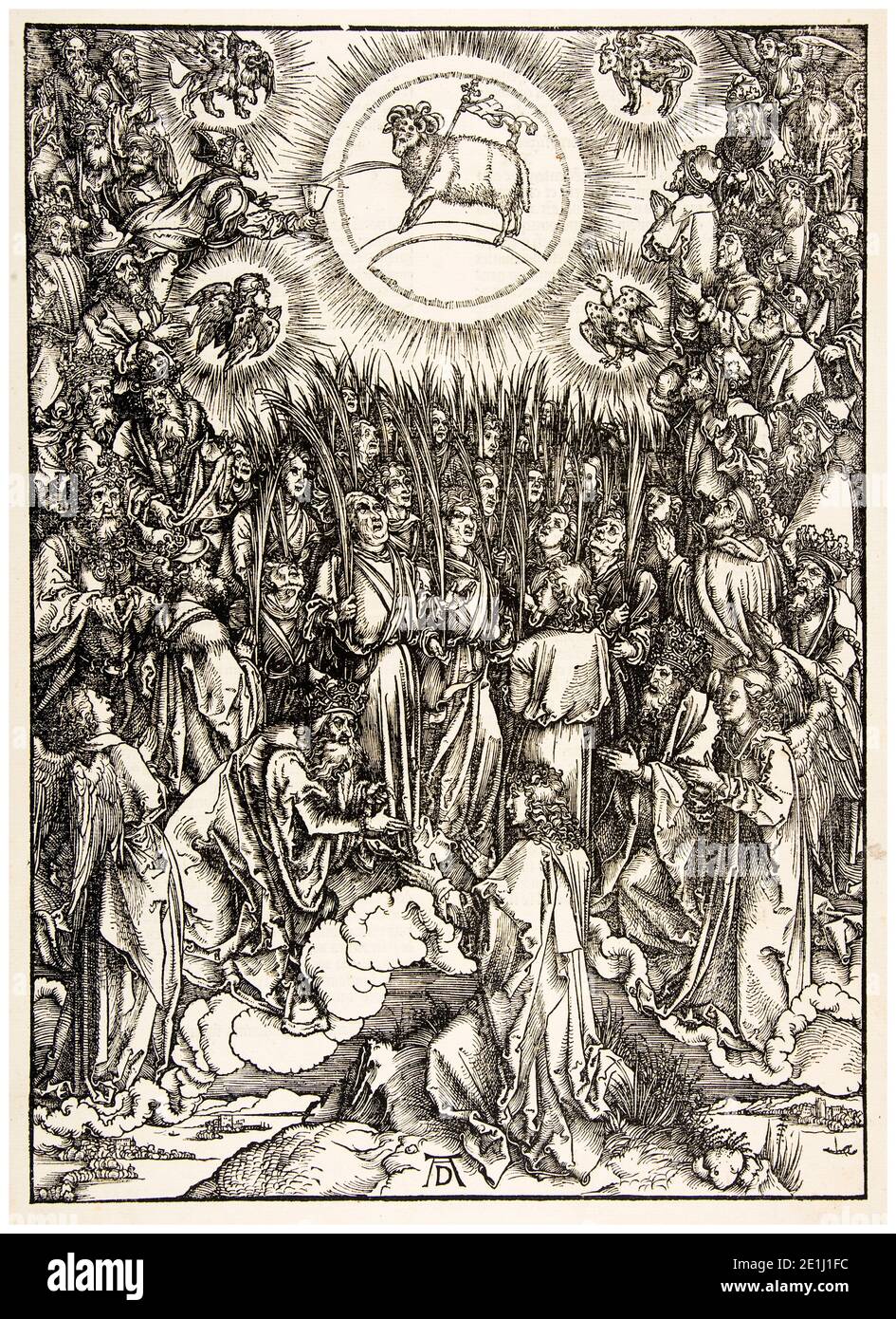 Albrecht Dürer, l'Apocalisse: L'Adorazione dell'Agnello, stampa in legno, 1498 Foto Stock