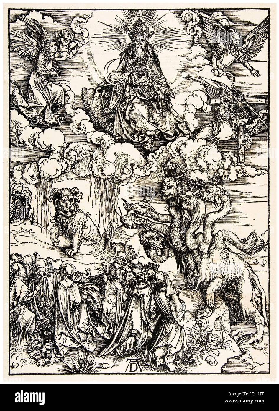 Albrecht Dürer, l'Apocalisse: La bestia con due corni come un Agnello, stampa in legno, 1498 Foto Stock