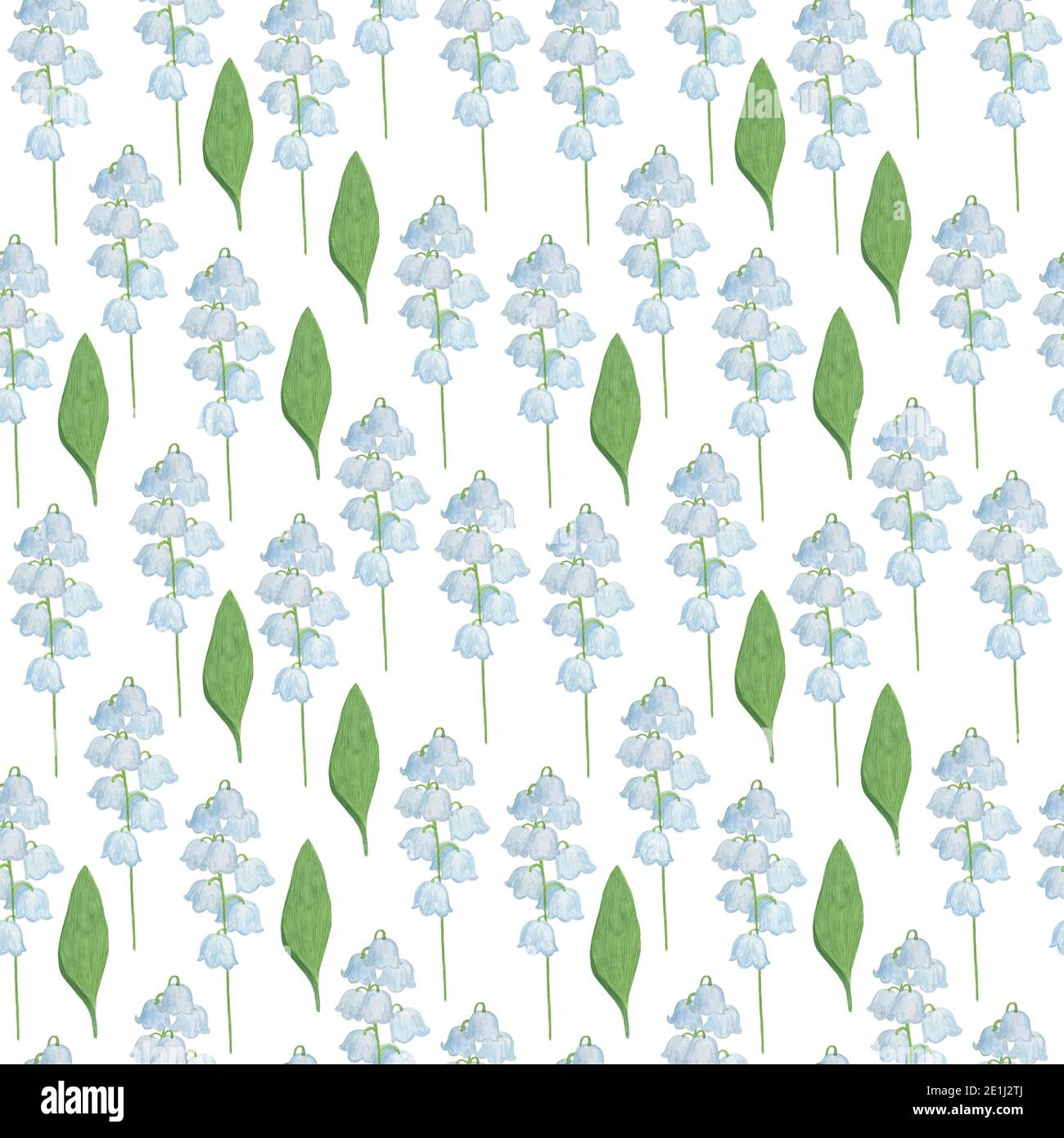 Lily-of-the-Valley fiore senza cuciture motivo, acquerello illustrazione simbolo di primavera e felicità mano trainato piante bianche semplice ripetizione ornamento Foto Stock