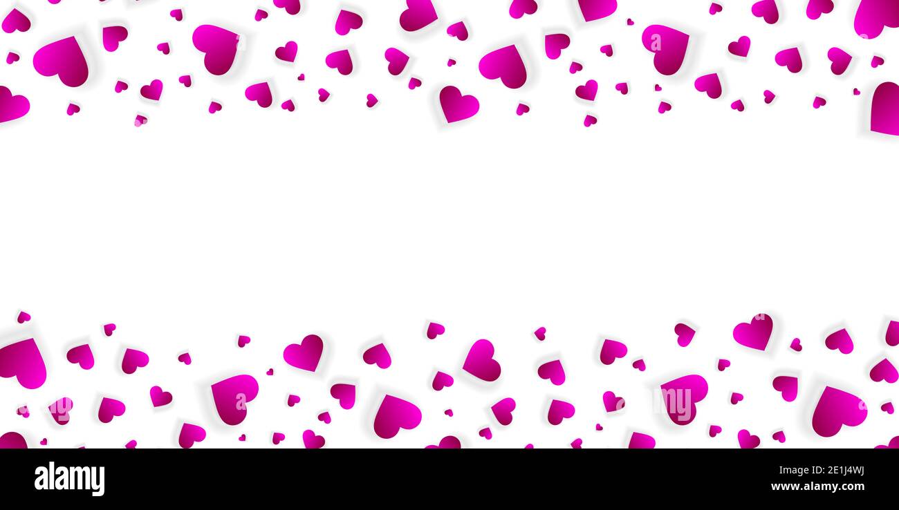 Cornice cuore bordo giorno di San Valentino modello di invito al matrimonio, banner d'amore con petali di confetti in dispersione rosa in caduta. Bordo orizzontale su e giù Foto Stock