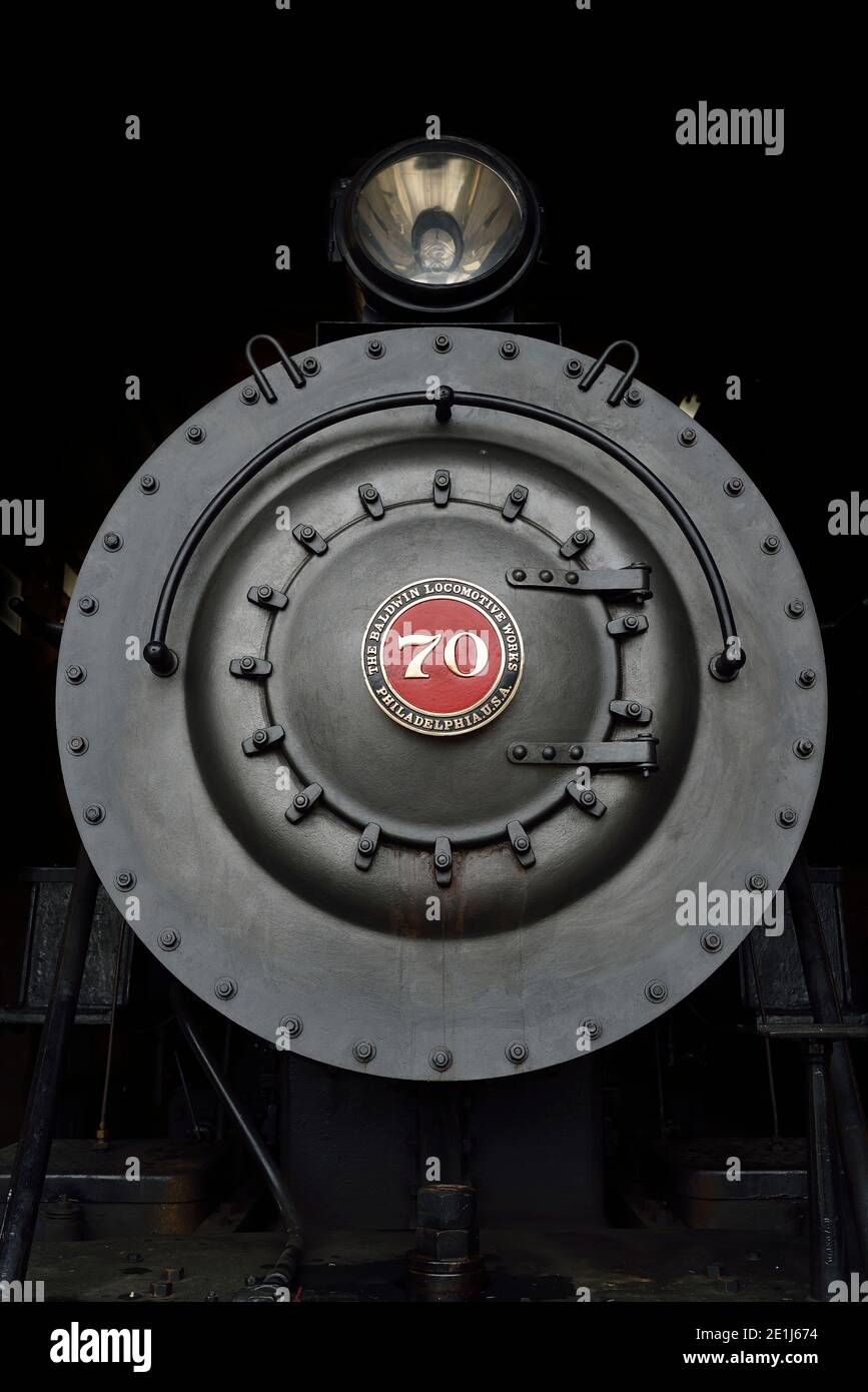 Smokebox davanti al Rayonier Lumber 70, una locomotiva a vapore Baldwin 2-8-2 presso la ferrovia panoramica Mt Rainier Foto Stock