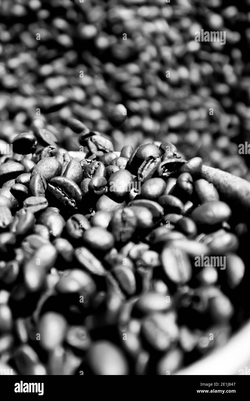 Chicchi di caffè freschi arrostiti su sessola d'argento, consistenze astratte di chicchi di caffè arrostiti, caffè biologico. Primo piano. Messa a fuoco selettiva. Fotogramma intero. Foto Stock