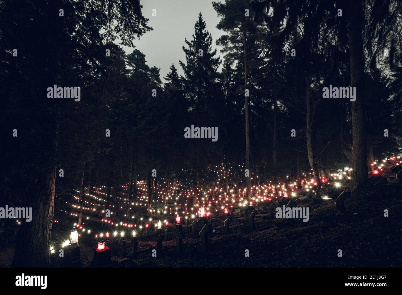 Centinaia di piccole candele che illuminano sulle croci di pietra nel Cimitero all'interno della foresta in All Saints Day Foto Stock