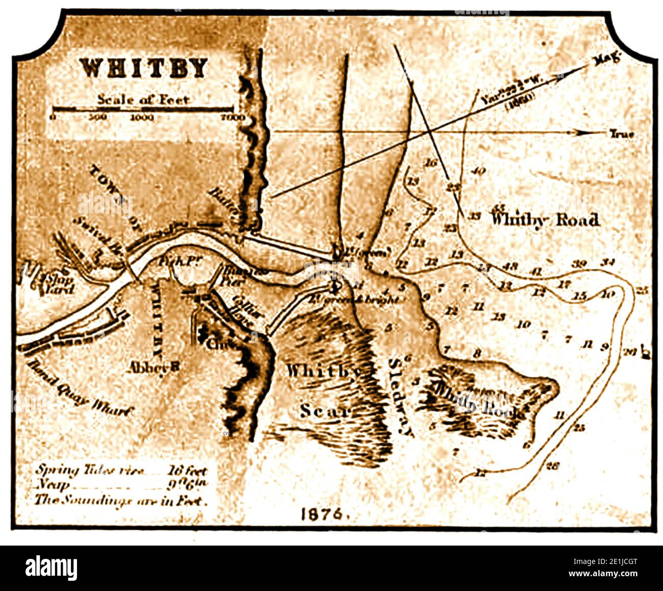 Una mappa marittima del 1876 del porto di Whitby (Yorkshire, UK) e si avvicina dal mare. Foto Stock