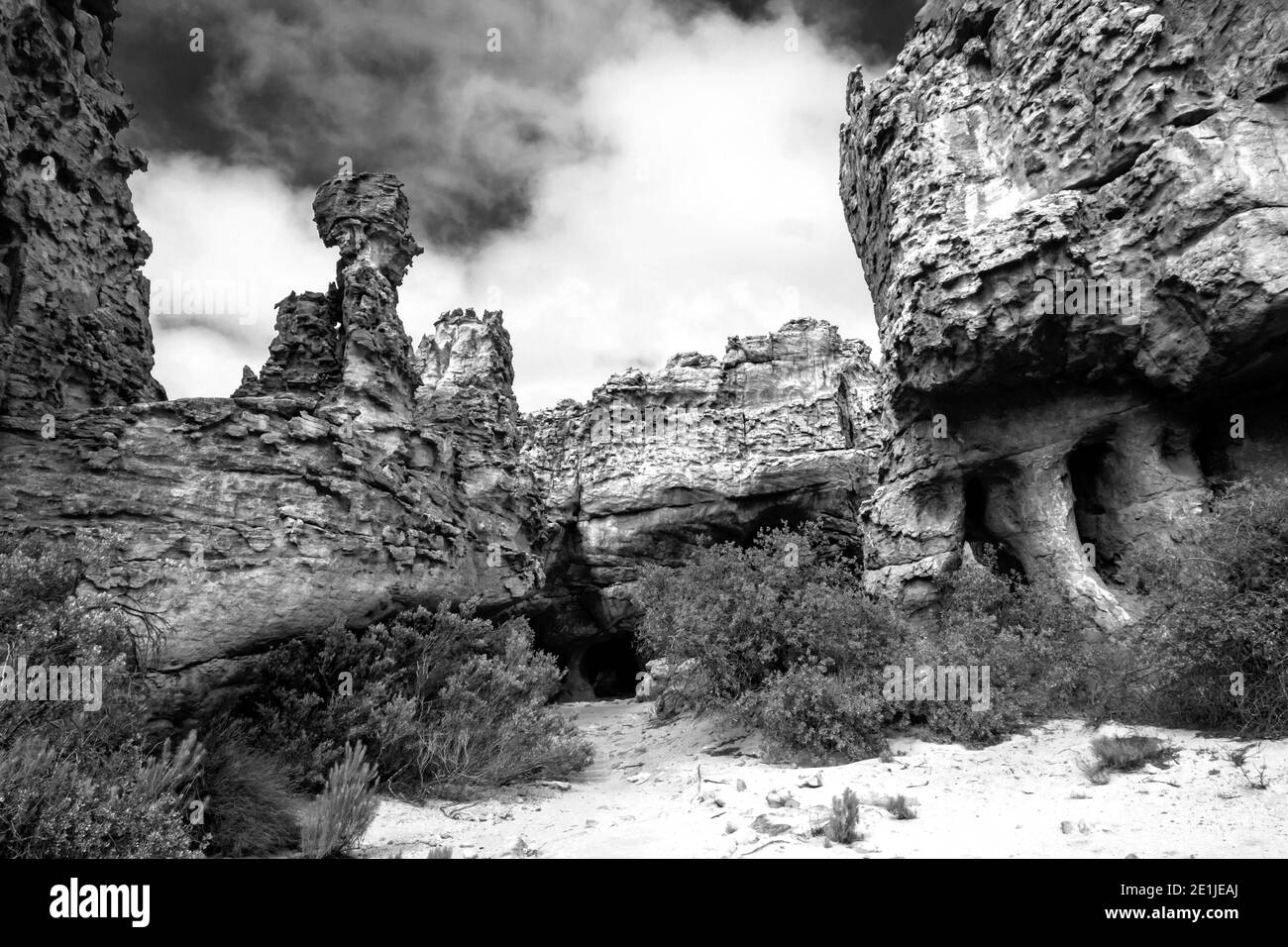 Le strane e meravigliose forme delle formazioni di arenaria intagliate e intagliate alle grotte di Stadsaal, sui monti Cederberg, in Sudafrica Foto Stock