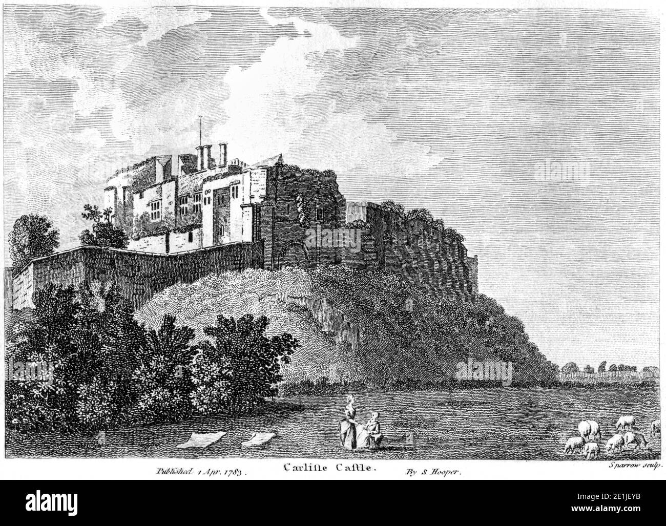 Un'incisione del castello di Carlisle pubblicata il 1 aprile 1783 scansionata ad alta risoluzione da un libro pubblicato nel 1780. .creduto esente da copyright. Foto Stock