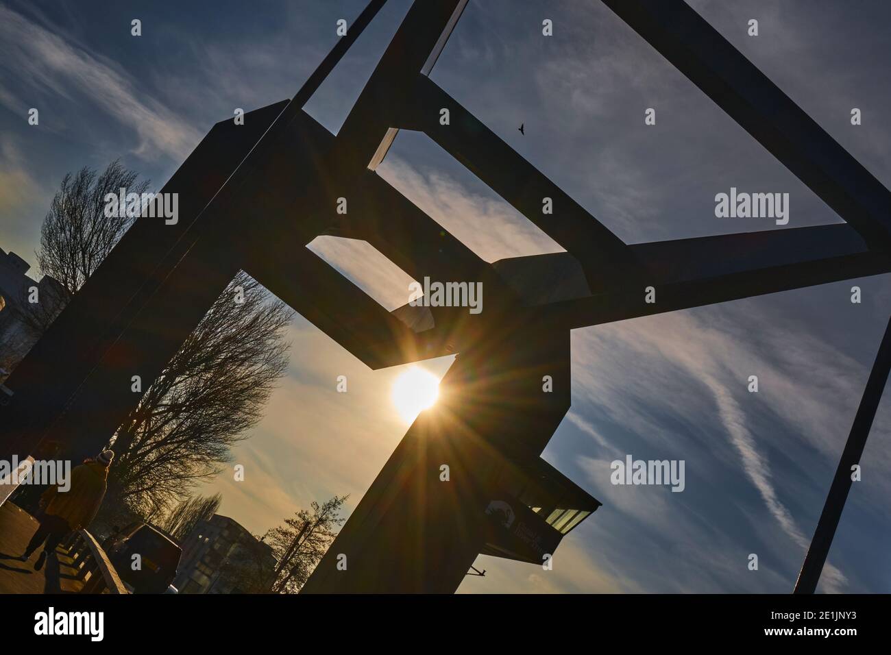 Silhouette del famoso Blue Bridge, in bassa luce invernale con un grande uccello che vola sopra, Isle of Dogs, Londra, 7 gennaio 2021 Foto Stock