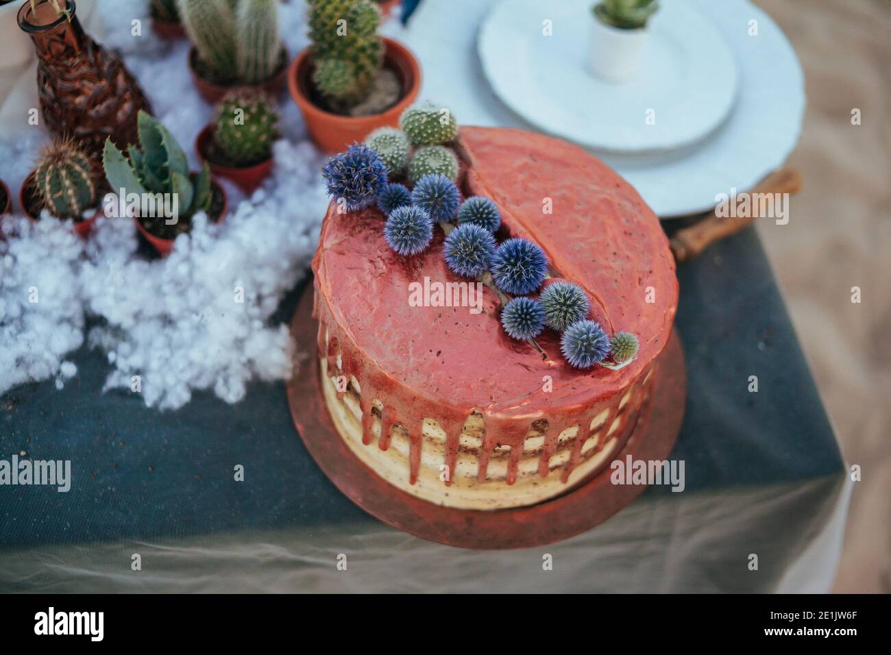 torta nuziale con crema di rame e succulenti Foto Stock