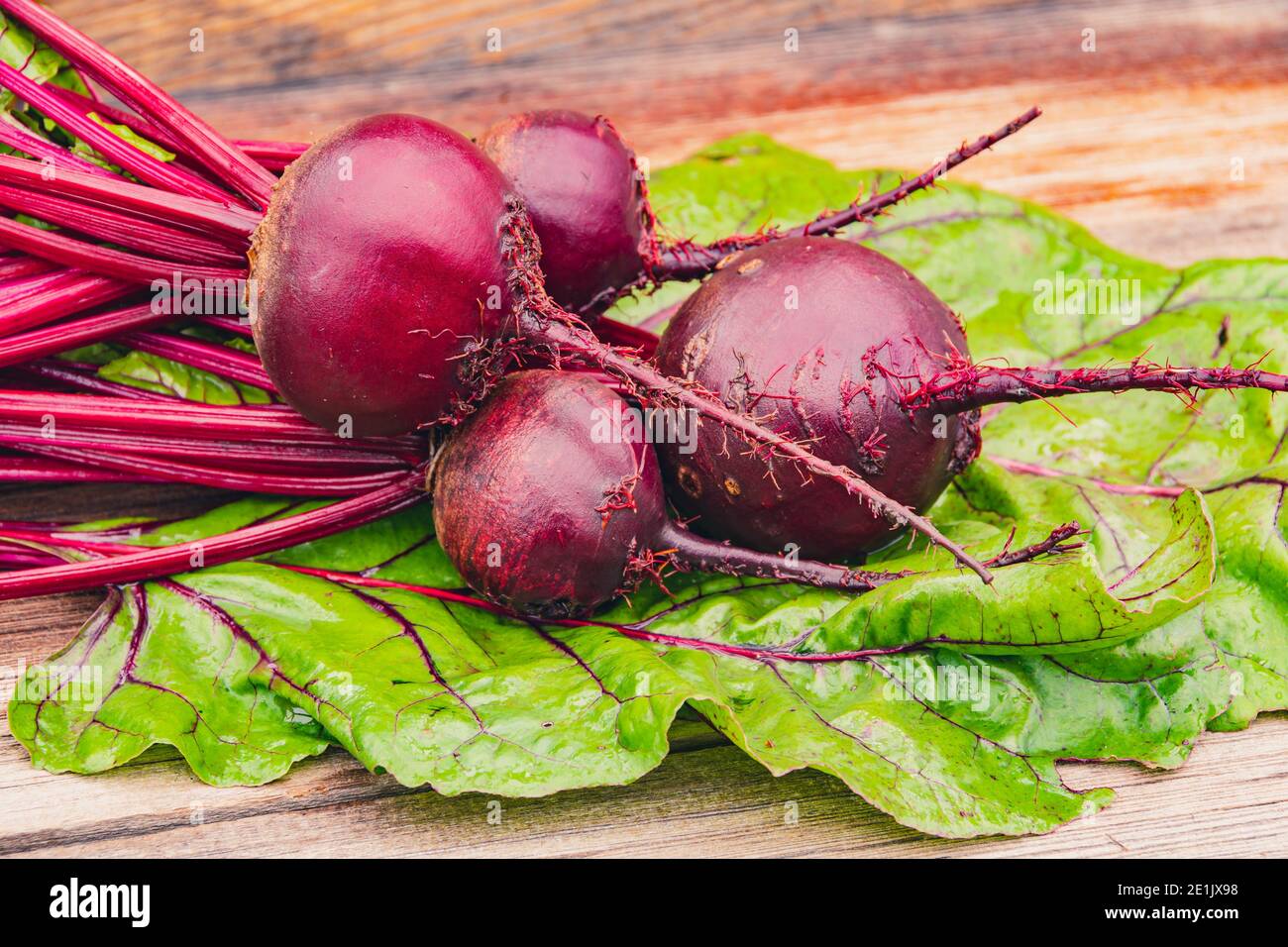 Tuberi di barbabietole con foglie verdi su tavola di legno. Preparazione di insalata fresca. Verdure fresche per la cucina vegetariana. Barbabietole sul mercato di strada. Foto Stock