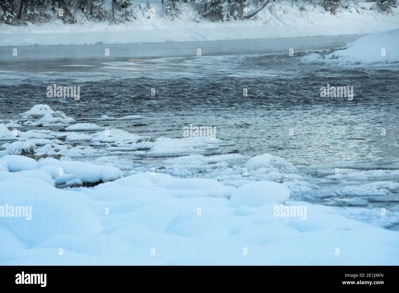 Foresta di neve scura vicino al fiume invernale. La riva del lago è coperta di ghiaccio e gelo. Luce gelata nebulizzazione sull'acqua da freddo. Foto Stock