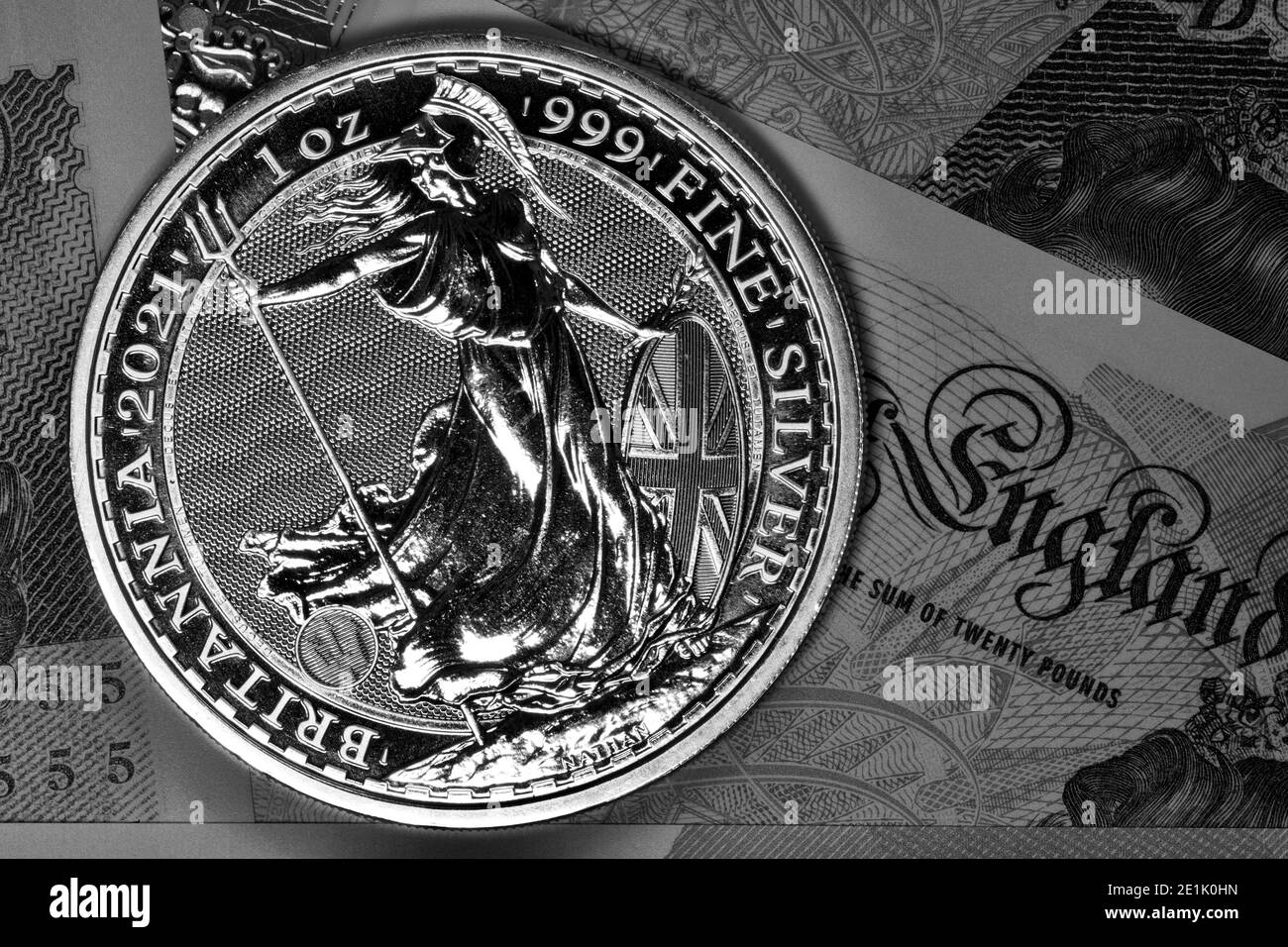 2021 Britannia una oncia di argento Coin sul nuovo polimero banconote Foto Stock