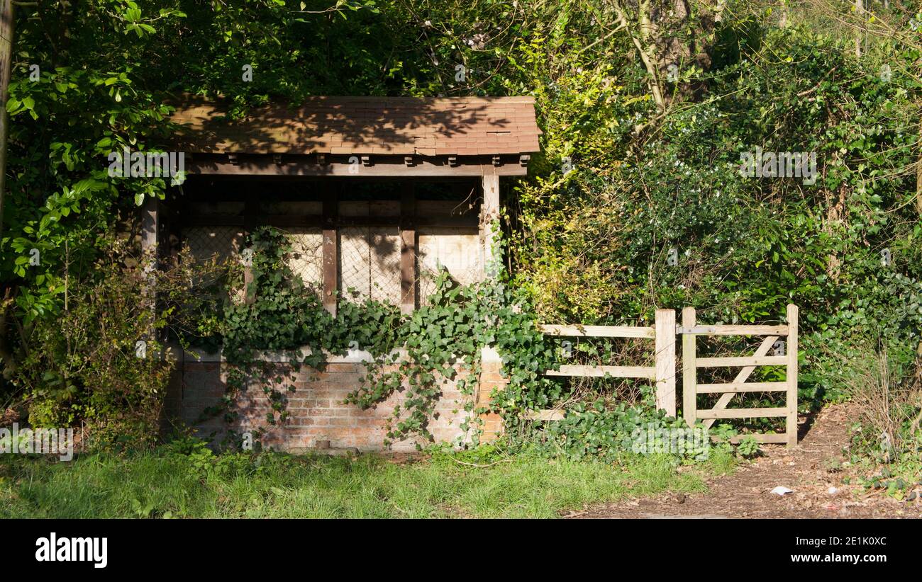 Vecchio rifugio dilapidati autobus o shack in campagna con cancello accanto Foto Stock