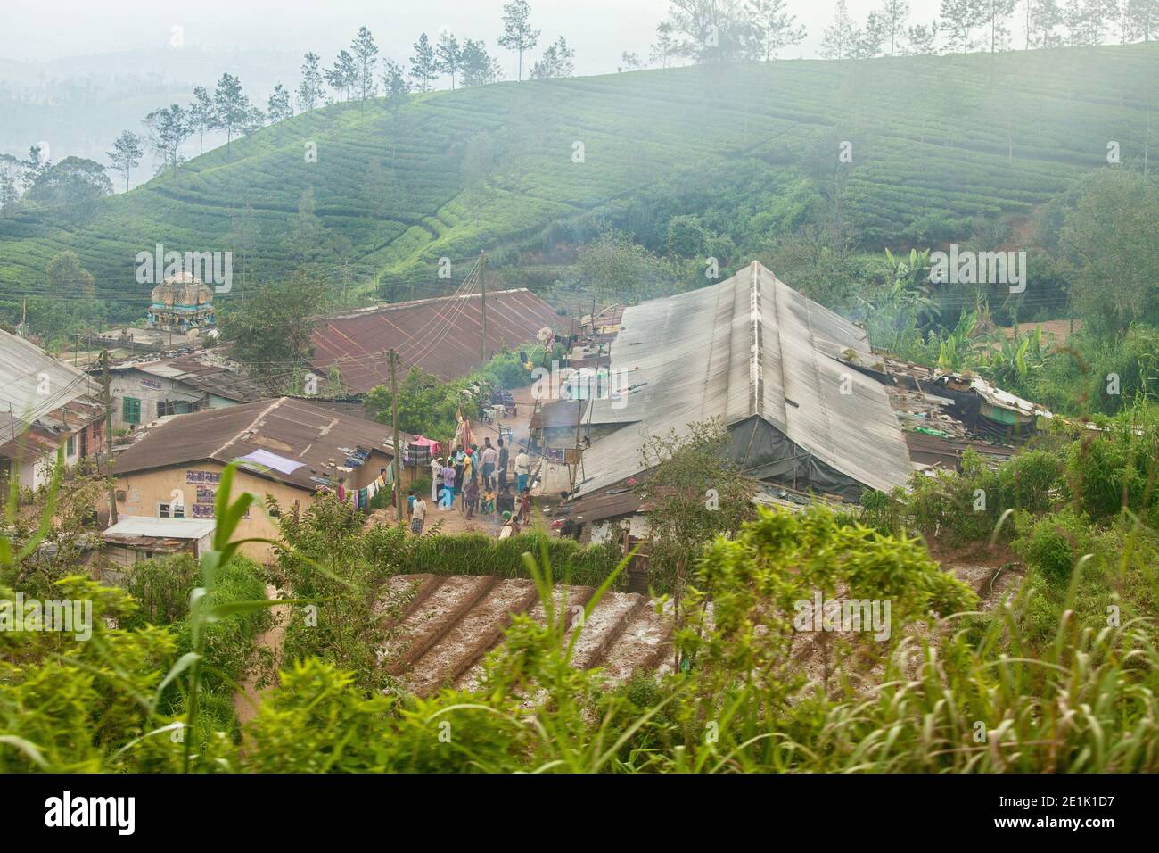 Persone che si riuniscono in un piccolo villaggio vicino alle piste nel area del tè delle Highlands in Sri Lanka Foto Stock