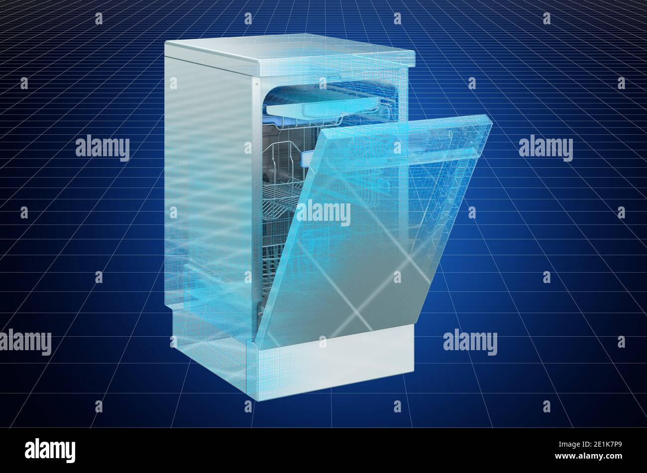 Visualizzazione modello cad 3d di lavastoviglie, blueprint. Rendering 3D Foto Stock