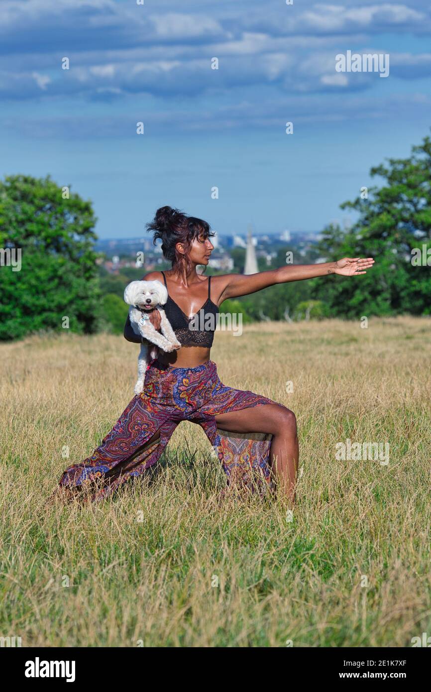 Donna che fa yoga con il suo cane .Doga yoga con il vostro cane. Foto Stock