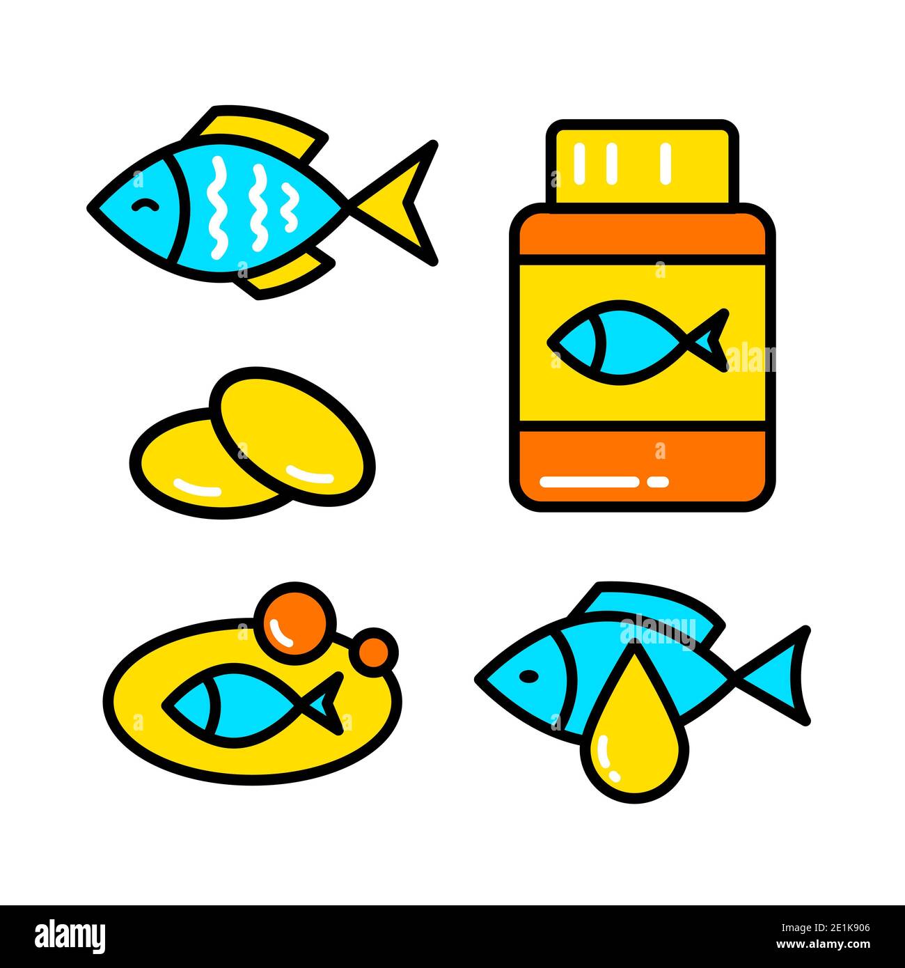 Logo Omega 3. Disegno vettoriale dell'olio di pesce. Pesce semplice set di icone Foto Stock