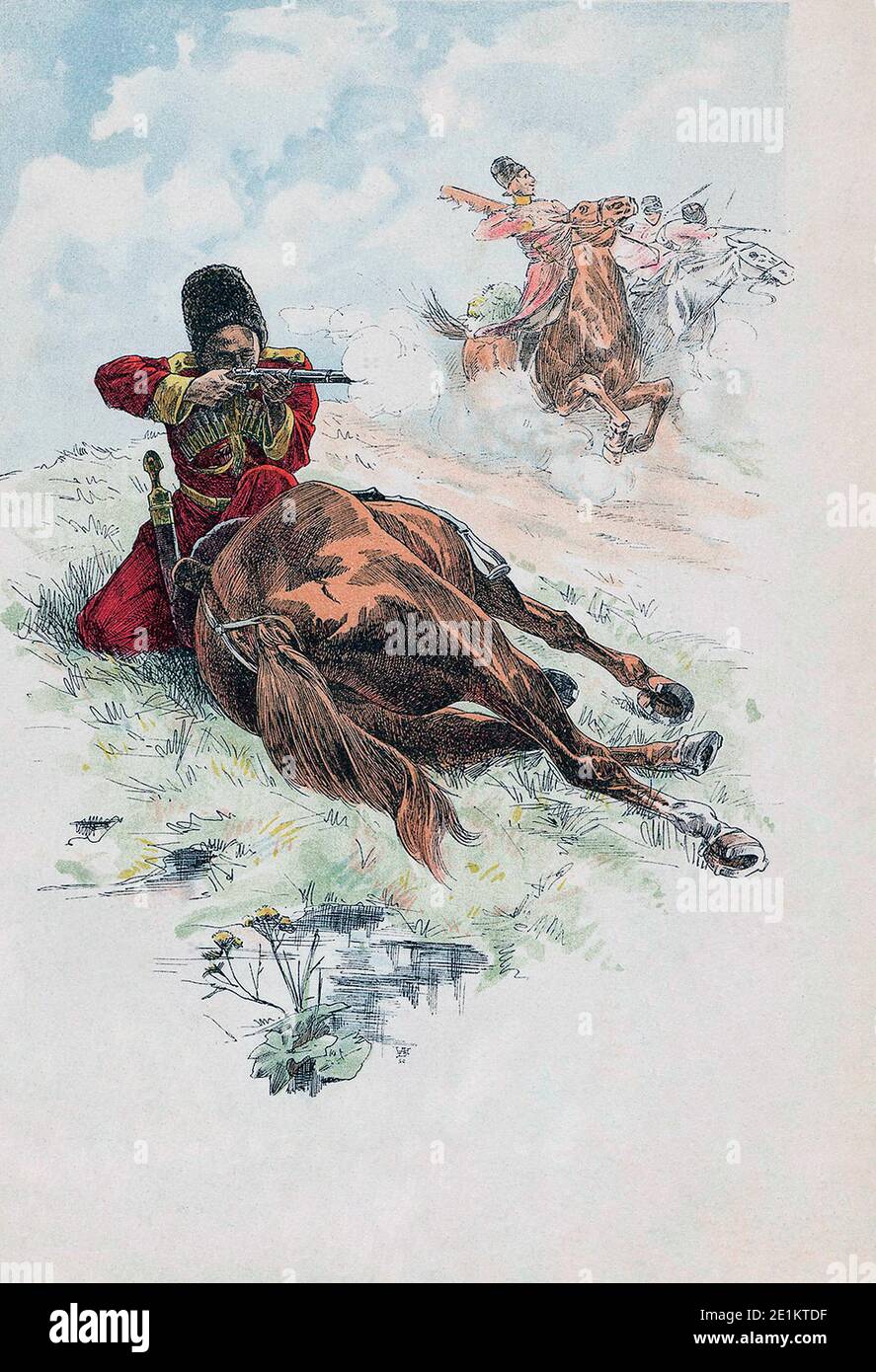 Incisione a colori vintage dei cosacchi caucasici in battaglia. Impero Russo. 19 ° secolo Foto Stock