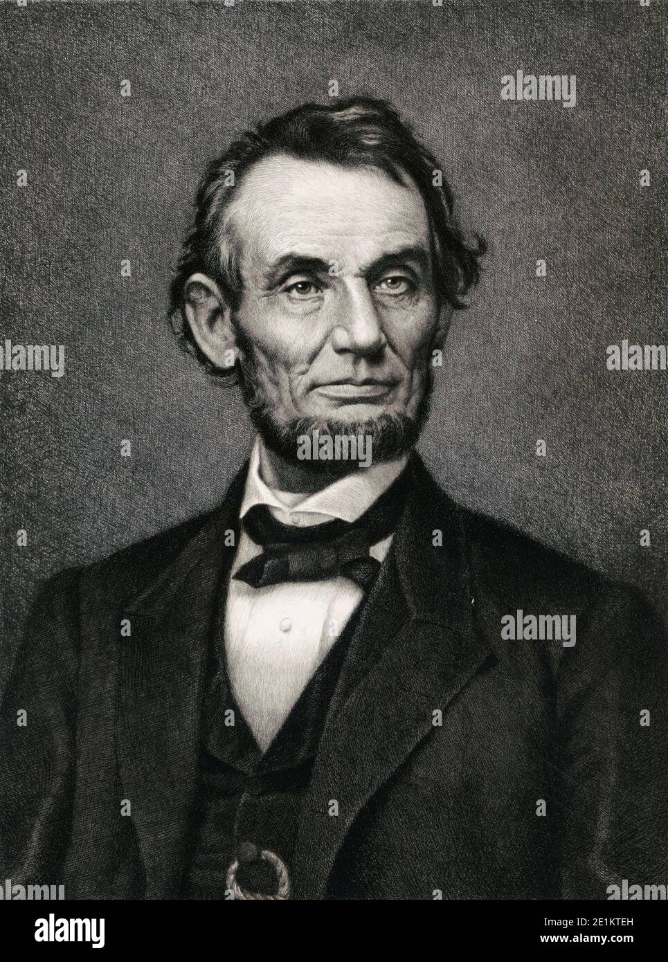 Incisione del presidente Abraham Lincoln. Abraham Lincoln (1809 – 1865) è stato uno statista e avvocato statunitense che ha ricoperto il ruolo di sedicesimo presidente dell'uni Foto Stock