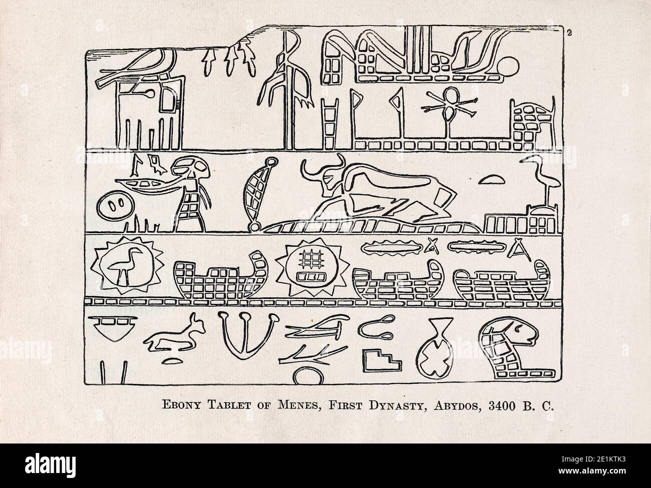 Incisione dell'antico Egitto. Ebony Tablet of Menes, First Dynasty, Abydos, 3400 B. C, uno dei primi esempi noti di geroglifici. Riga superiore: At Foto Stock